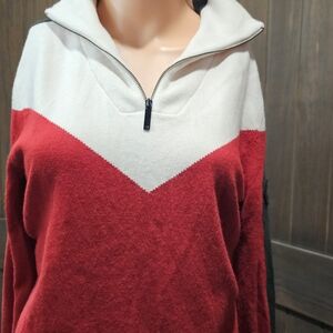 Kari Traa Red and White V-Neck Half-Zip Sweater